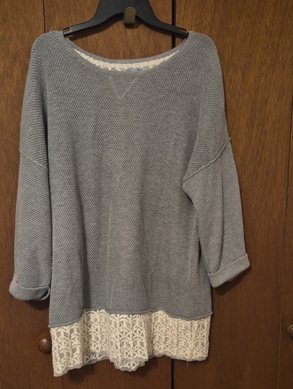 Olivia Sky Gray Scoop Neck Sweater with Cream Lace Trim SZ L